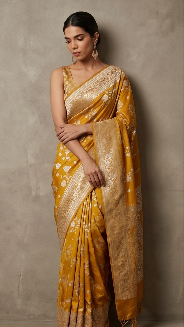 Mustard Silk Saree with floral Jal
