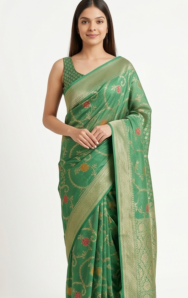 Elegant sea green Shimmer Tissue Saree with Meenakari Floral Work