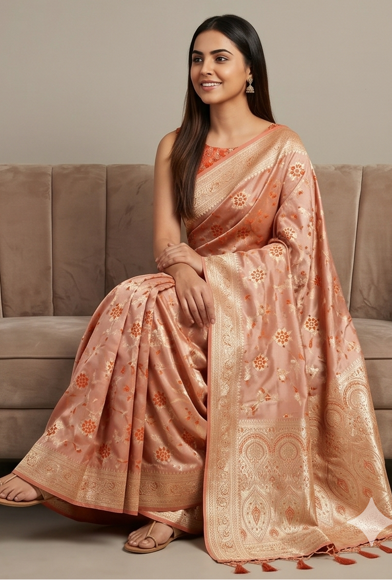Peach Banarasi Silk Tanchoi Meenakari Saree