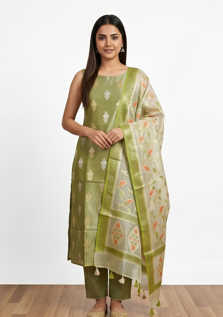 Parrot Green Tissue Silk Suit
