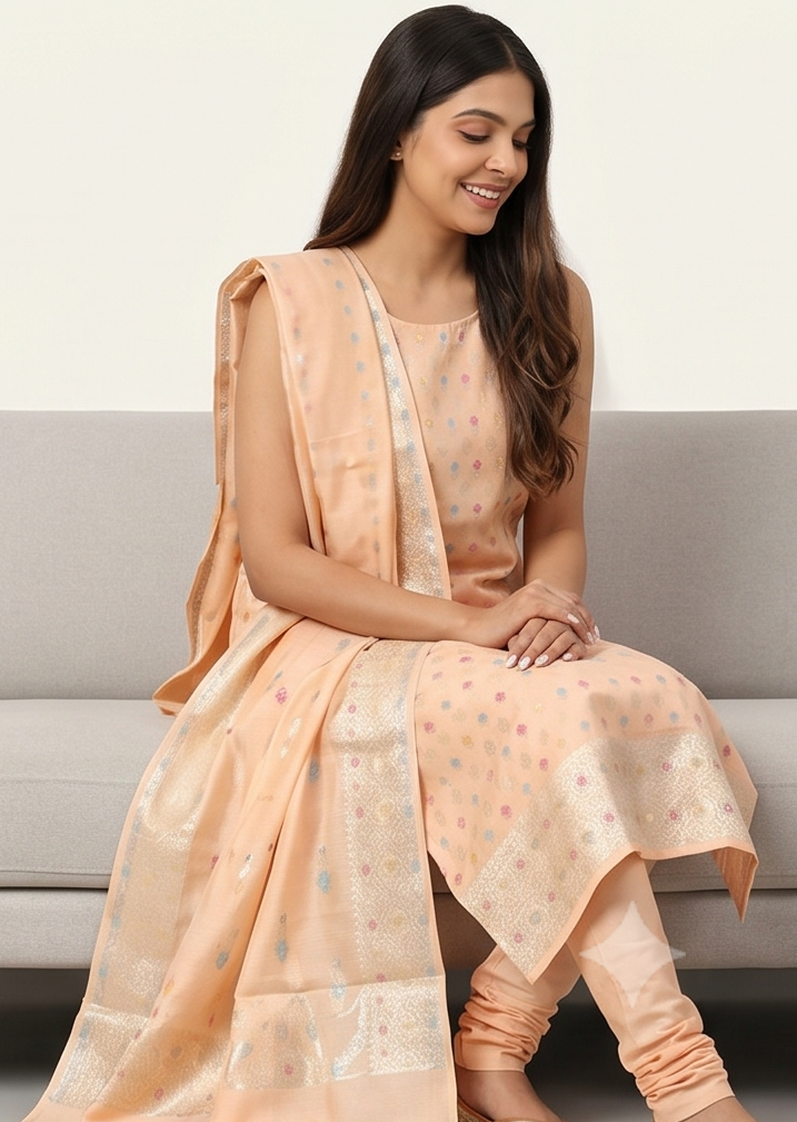 Mulmul Cotton Peach Booti suit