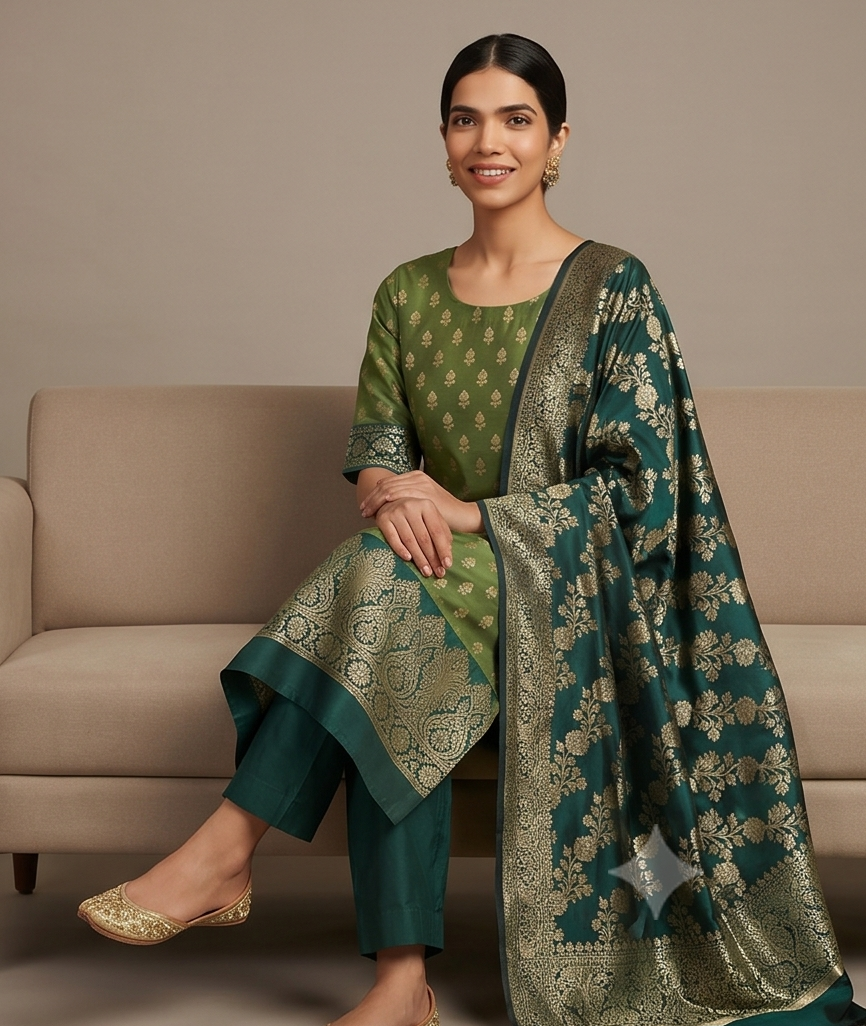 Green Contrast Silk Suit Banarasi