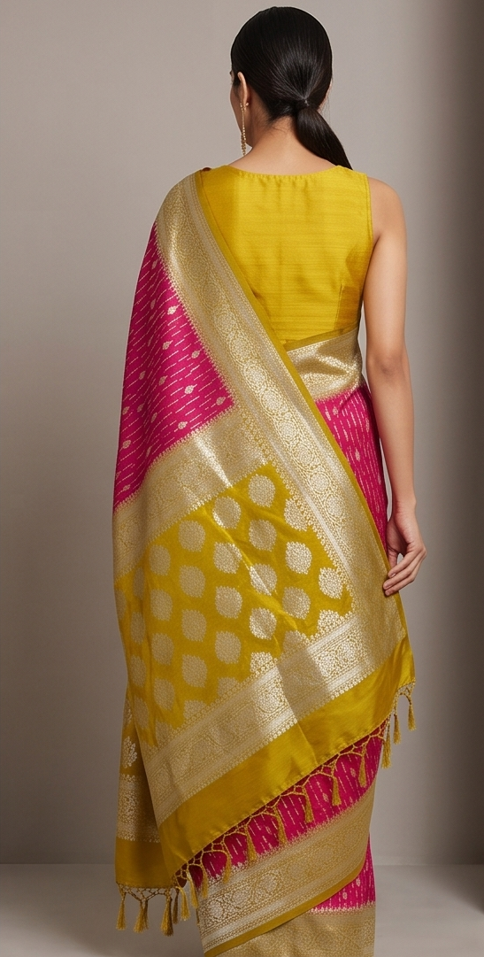 Magenta Pink  Golden Yellow Georgette Saree