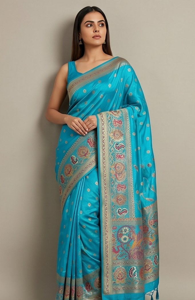 Ferozi Pashmina Saree with Jaal Work & Zari Booti