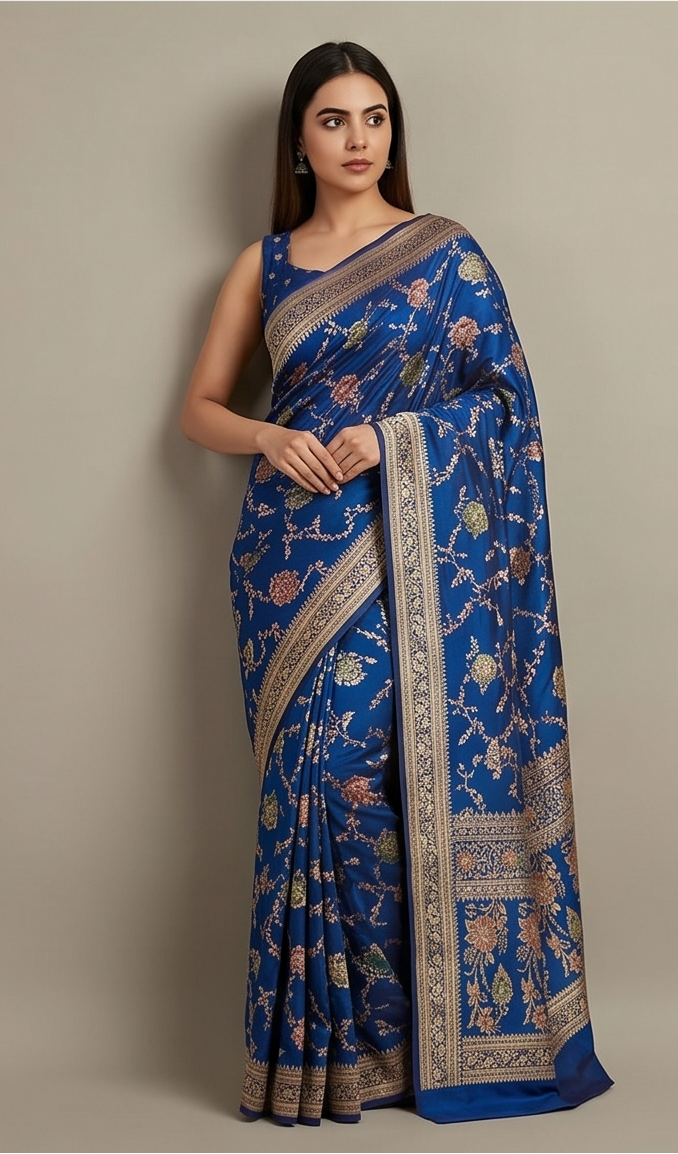 Royal Blue Katan Silk Saree with Multicolor Meena & Jaal