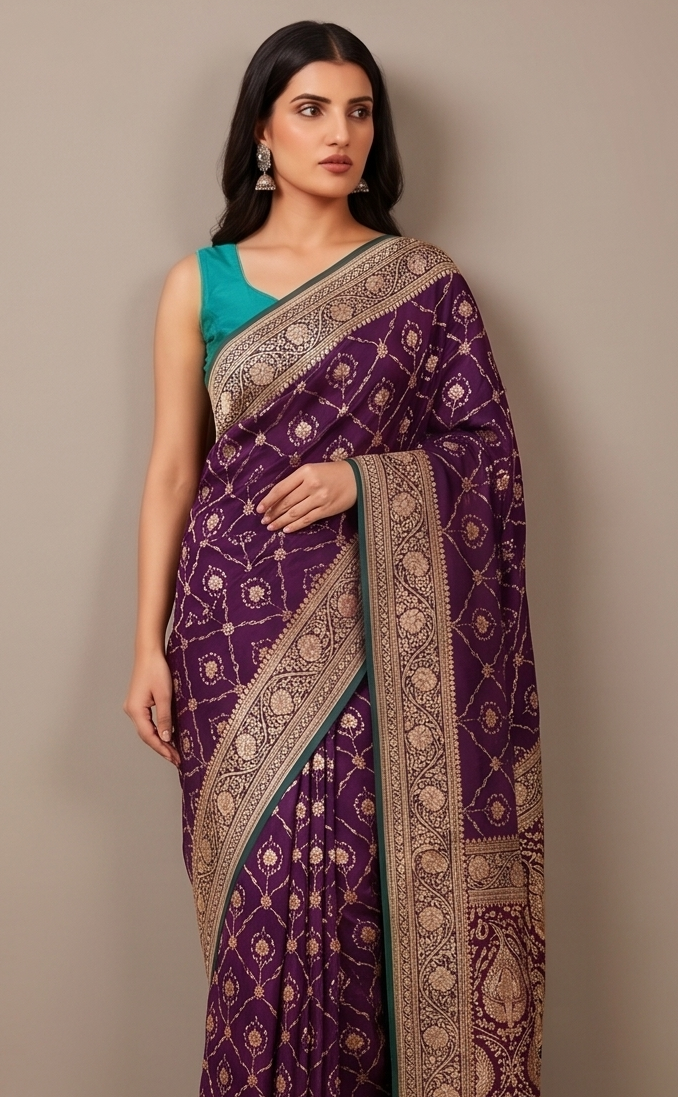 Purple-Green Contrast Silk Saree