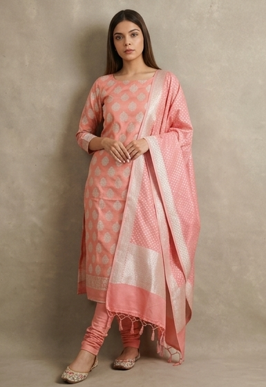 Coral Zari Silk Suit