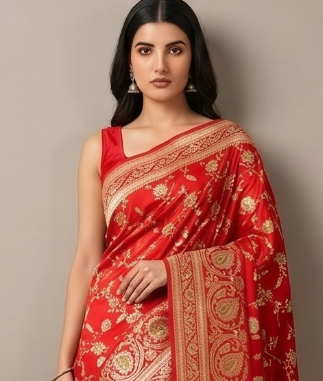 Red banarasi Katan with Meenakari Booti