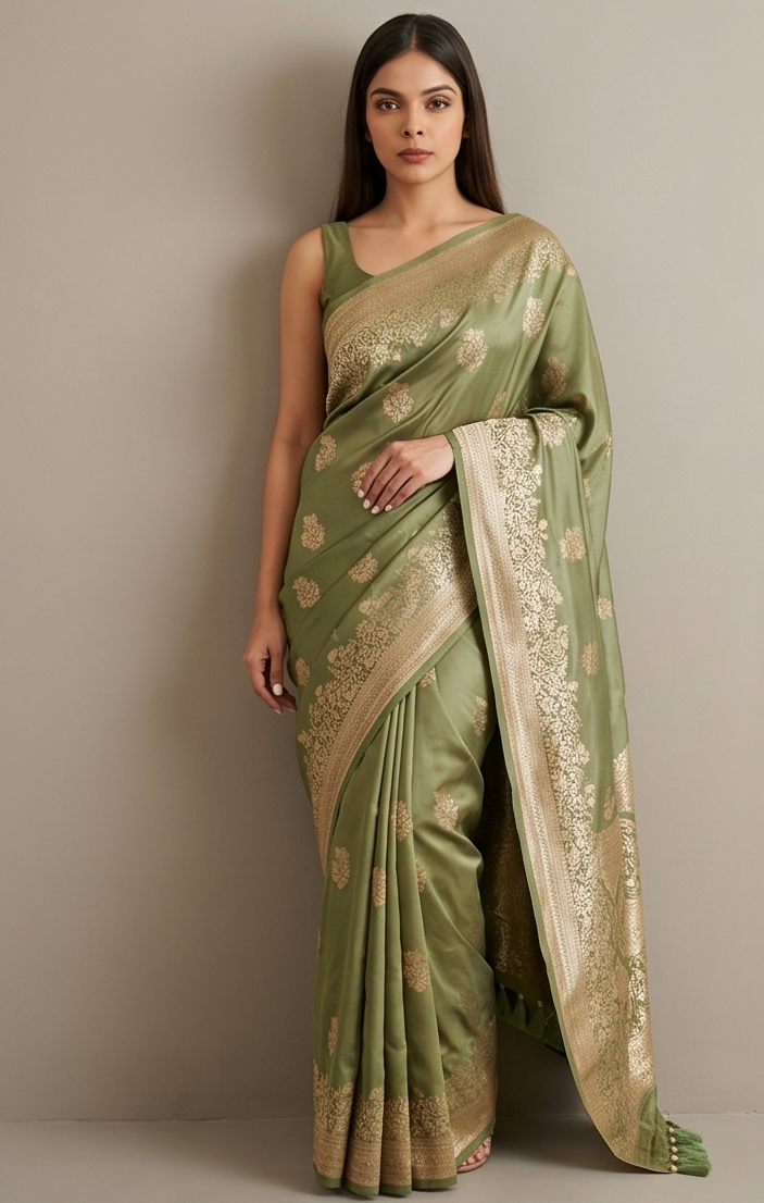Pastel green Banarasi Silk saree with Floral booti & Stunning Border