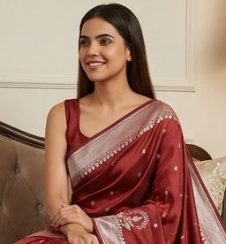 Rust Silk Saree with small zari Booti & Statement Border