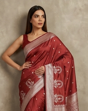 Rust Silk Zari Booti Saree