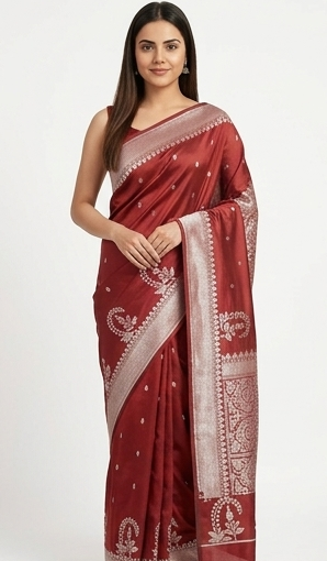 Rust Silk Zari Booti Saree