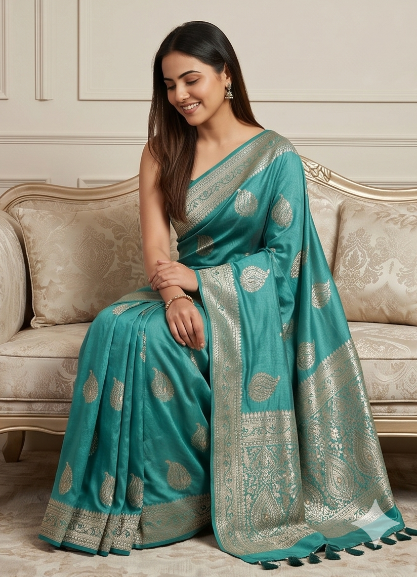 Elegant sea green Butter Crepe Saree with All-Over Handwork Detailing