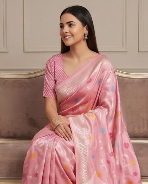 Pastel Pink Cotton Saree with Lotus Meenakari