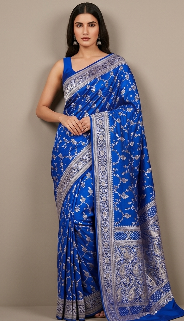 Blue Silk Saree with beautiful jaal zari