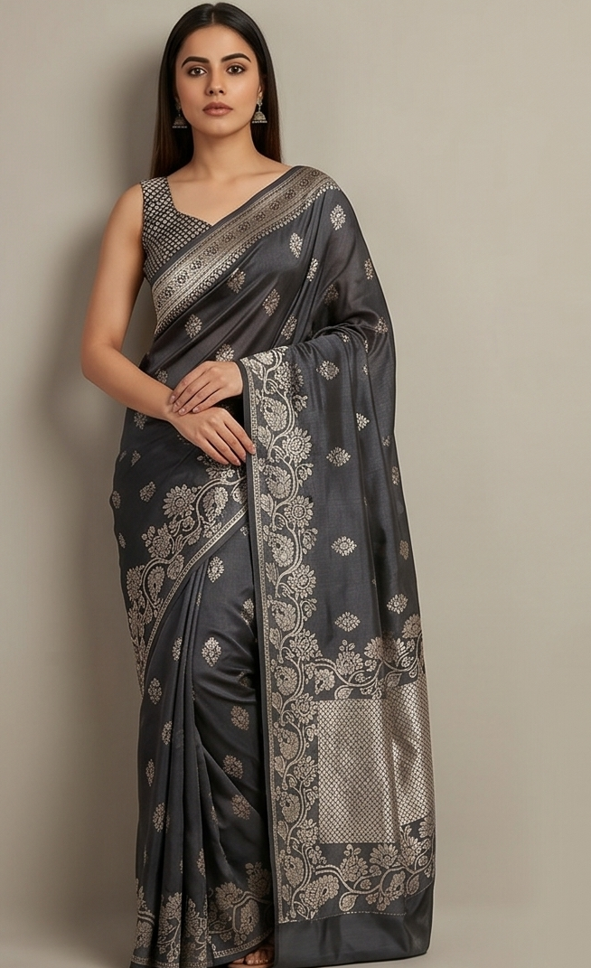 Charcoal Booti Banarasi Silk Saree