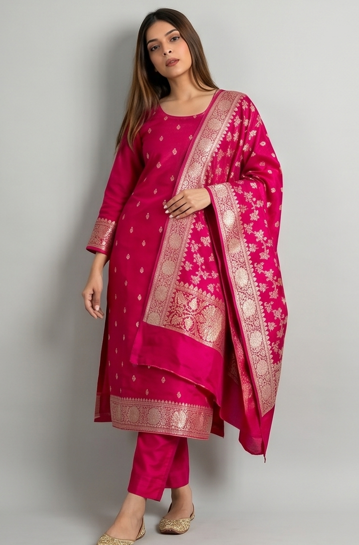 Dark Pink Katan Suit with Booti Work