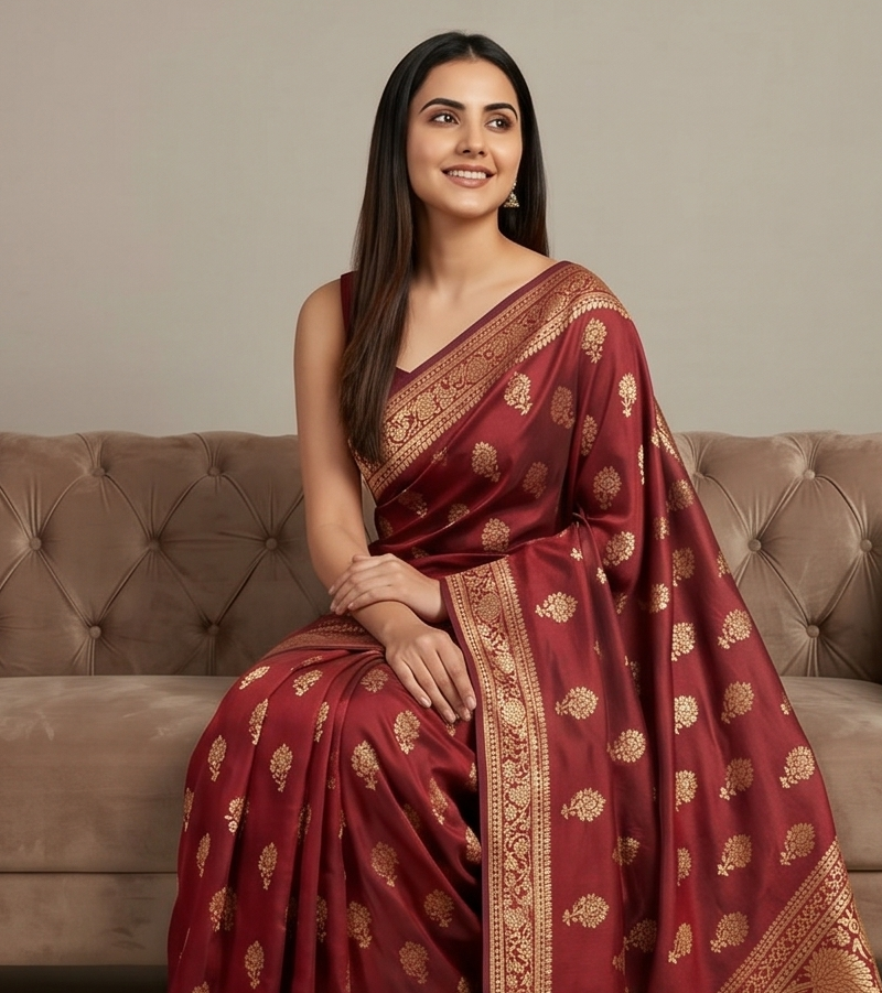 Wine color Silk Saree with Booti pattern