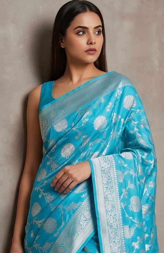 Ice blue Shimmer Tissue Saree with  Floral Jaal