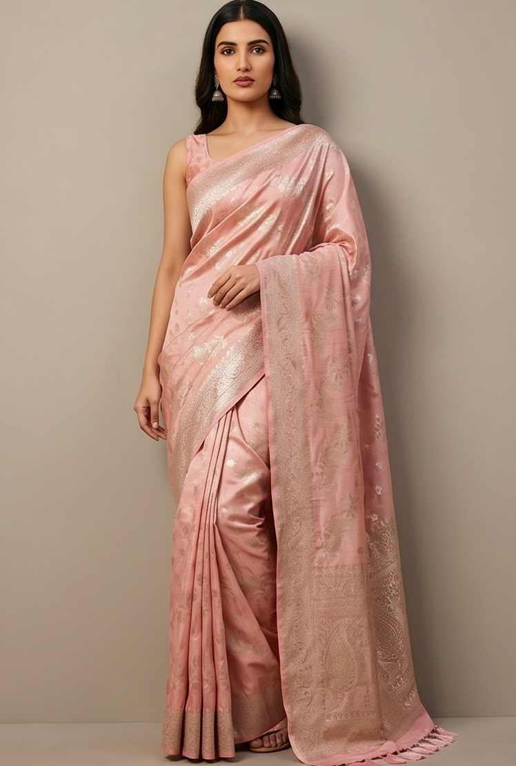 Pink Silk Saree with Banarasi Zari Weave & Booti Blouse