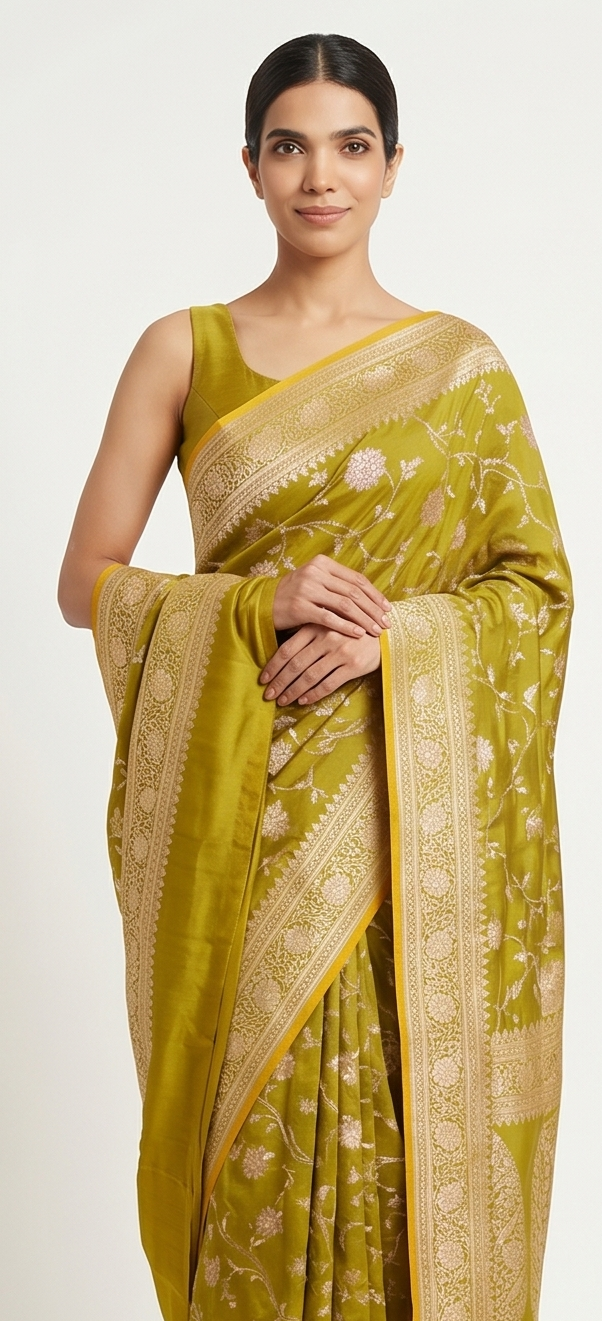 Parrot Green Silk Saree with Full Jaal Work