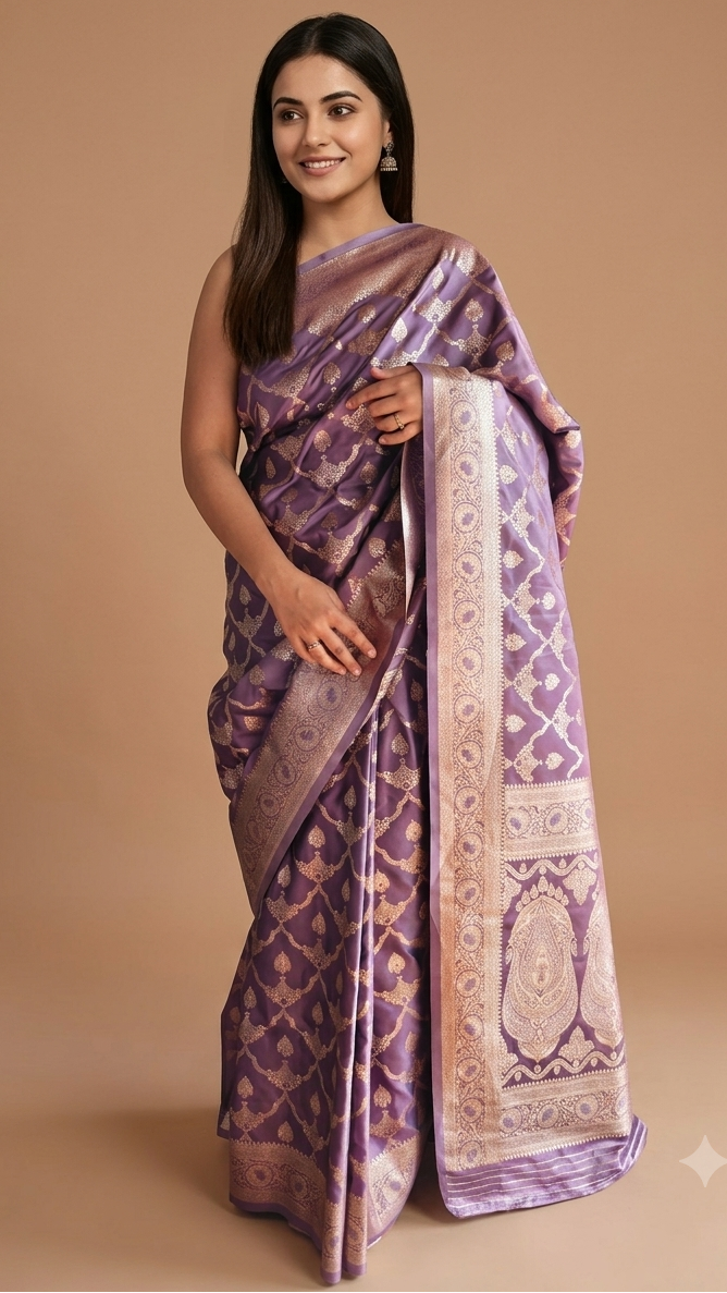 Pastel Lavender Banarasi Silk saree with All-Over Jaal Work & Lotus Motif Border