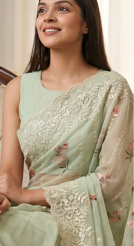 Elegant Light Green Organza Saree with Thread Work