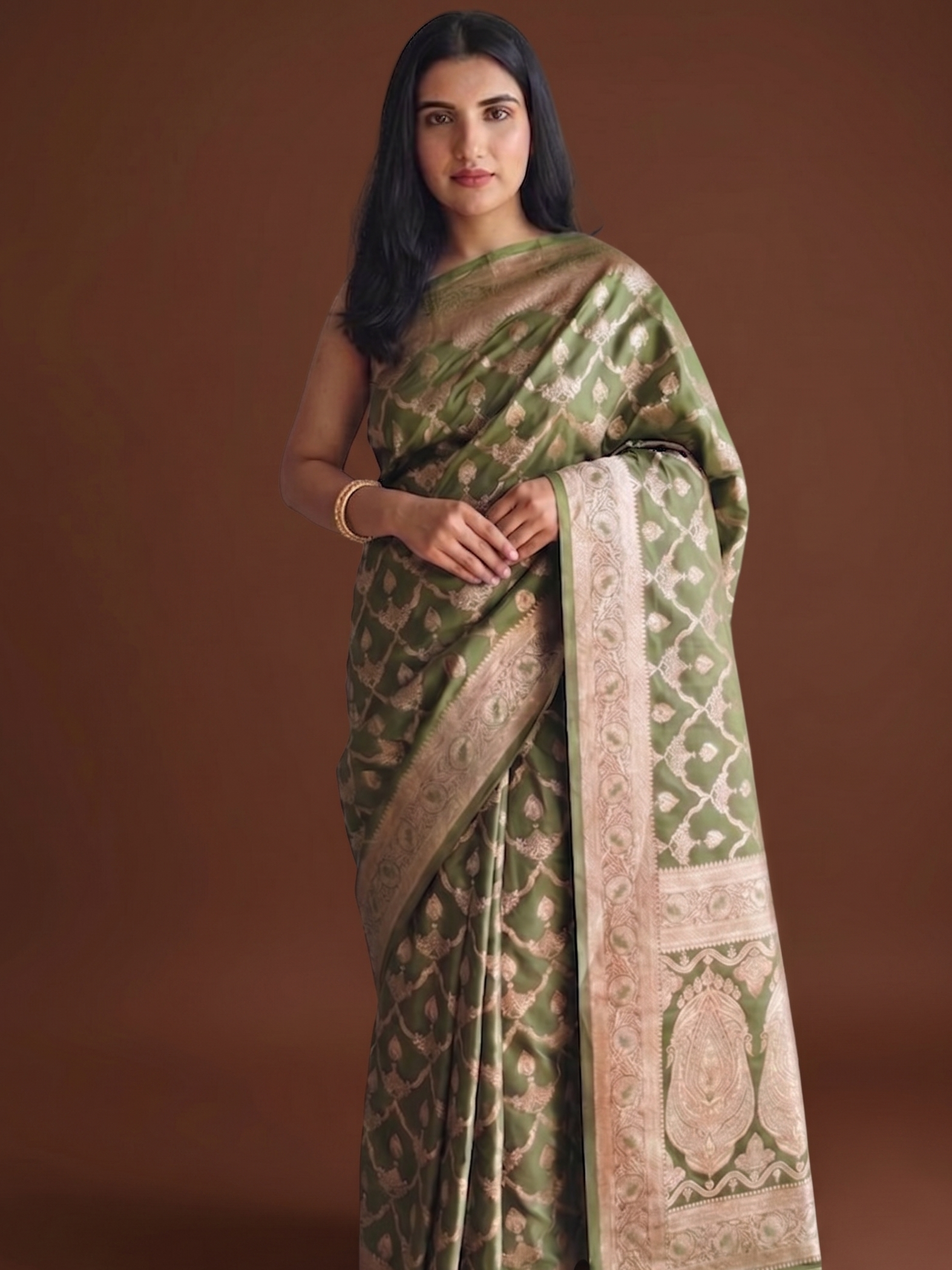 Pastel green Banarasi Silk saree with All-Over Jaal Work & Lotus Motif Border