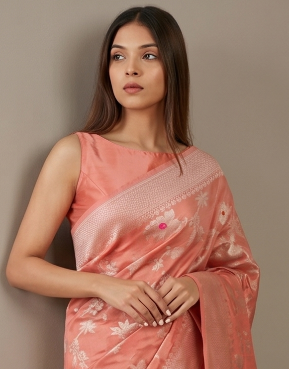 Elegant Orange Shimmer Tissue Saree with Meenakari Floral Jaal