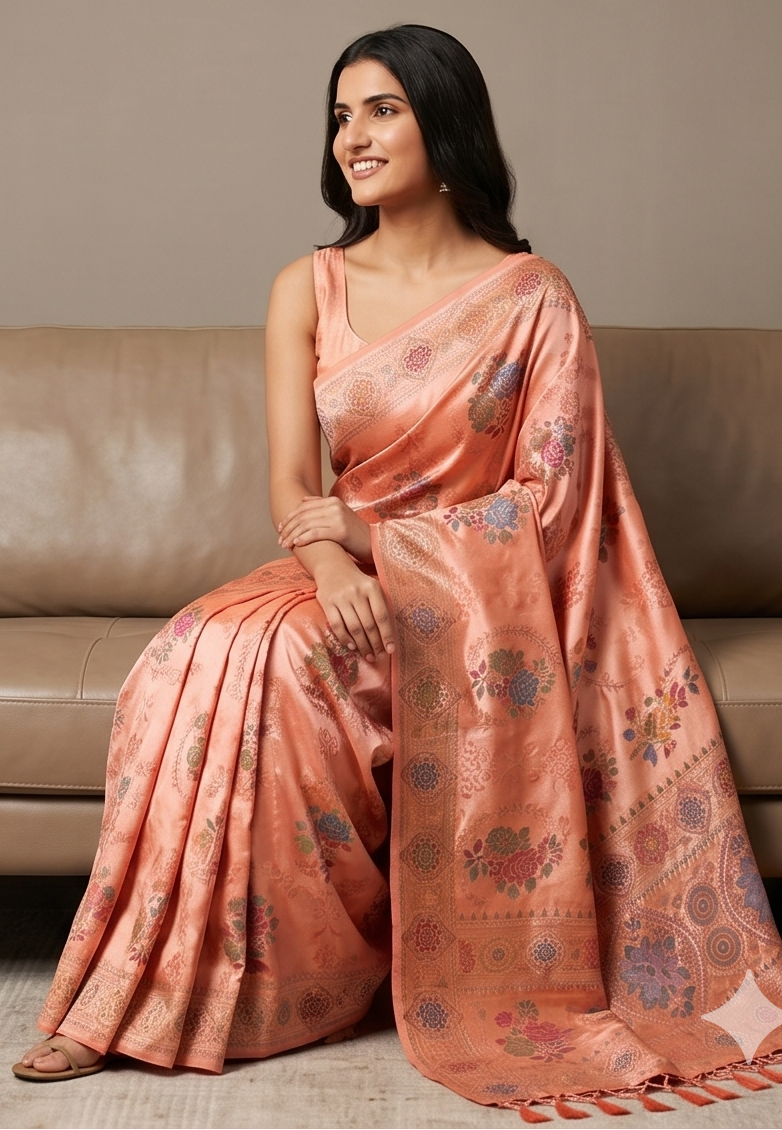 Peach Banarasi Silk Tanchoi Meenakari Saree