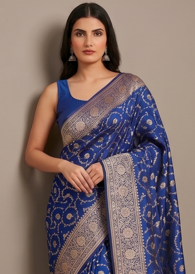 Navy Blue Silk Saree with overall Zari jaal