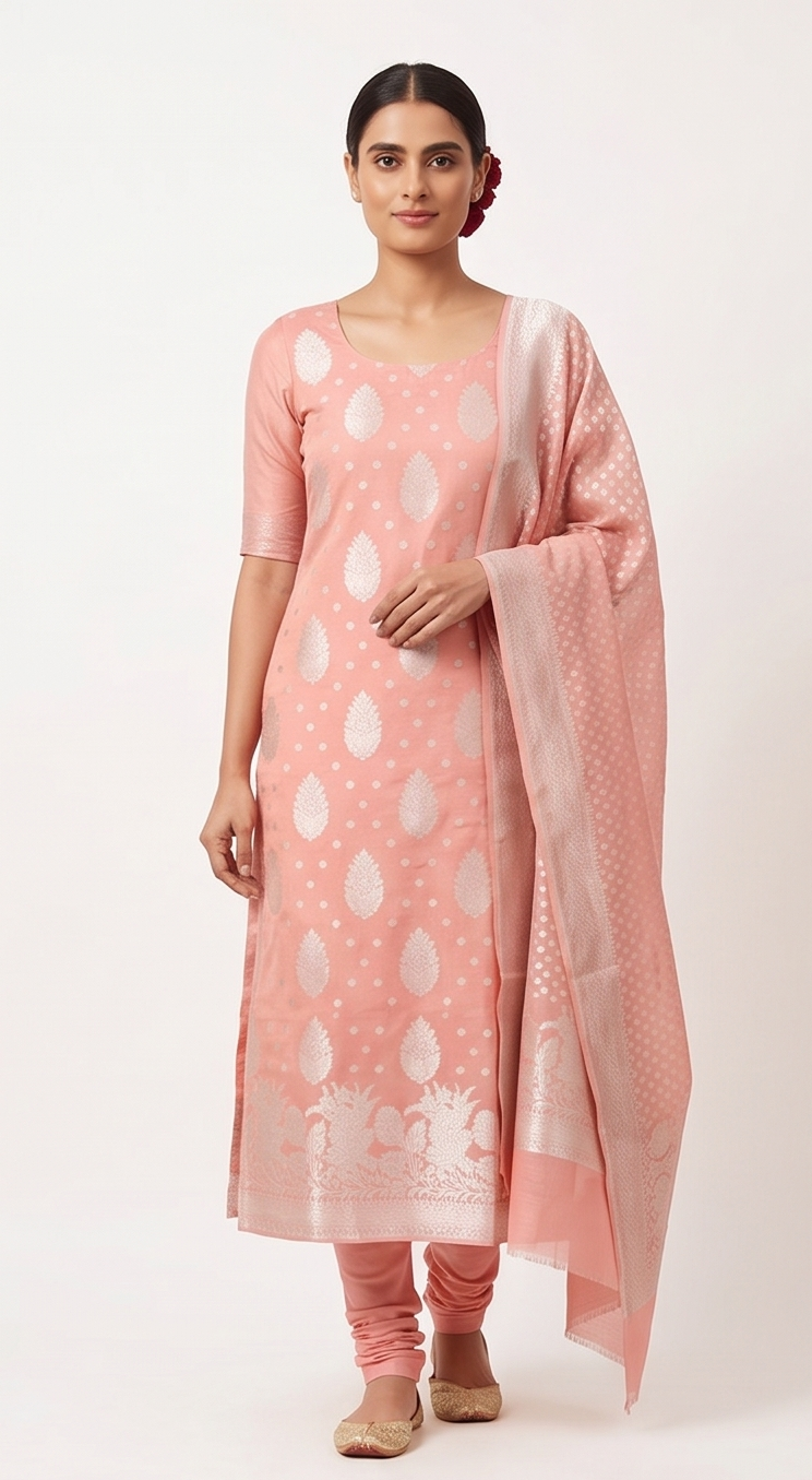 Coral Pink Banarasi premium Linen Suit