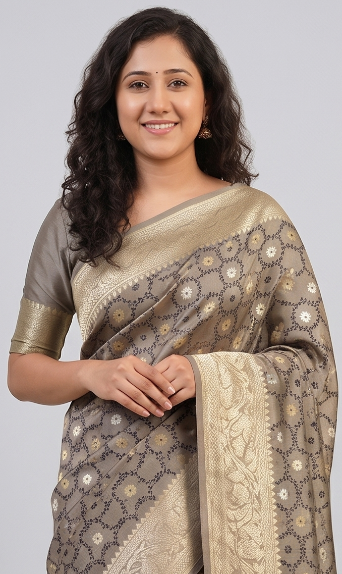 Grey Premium Banarasi Saree with Silver Zari Elegance