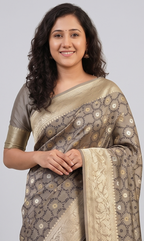 Grey Premium Banarasi Saree with Silver Zari Elegance