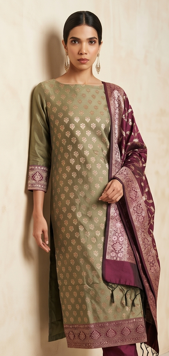 Banarasi Olive Purple Silk Suit