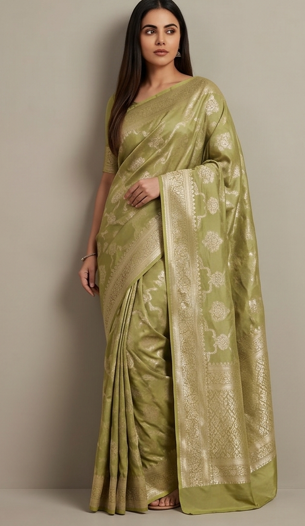 Parrot yellow Banarasi Silk saree with All-Over Jaal Zari