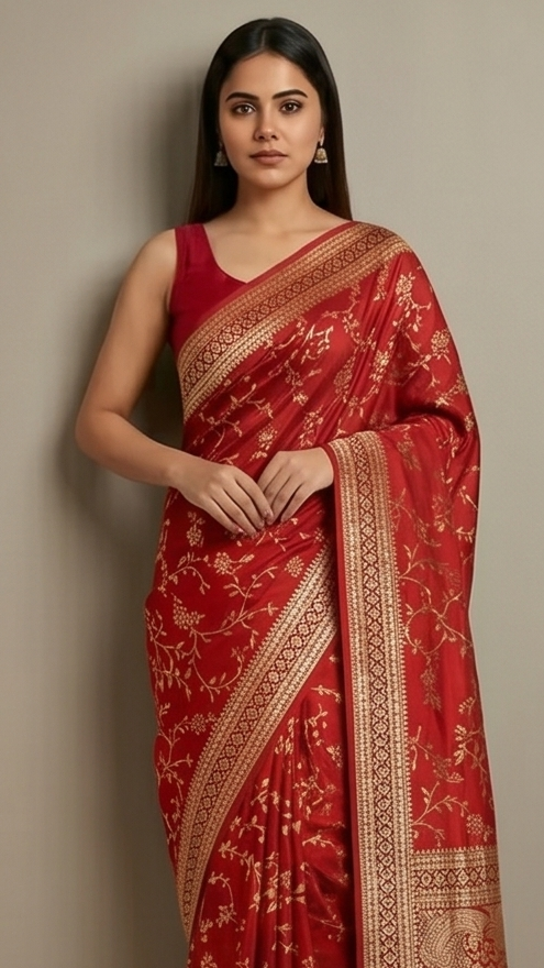 Red Georgette Saree with All-Over Zari Jaal Work & Elegant Border