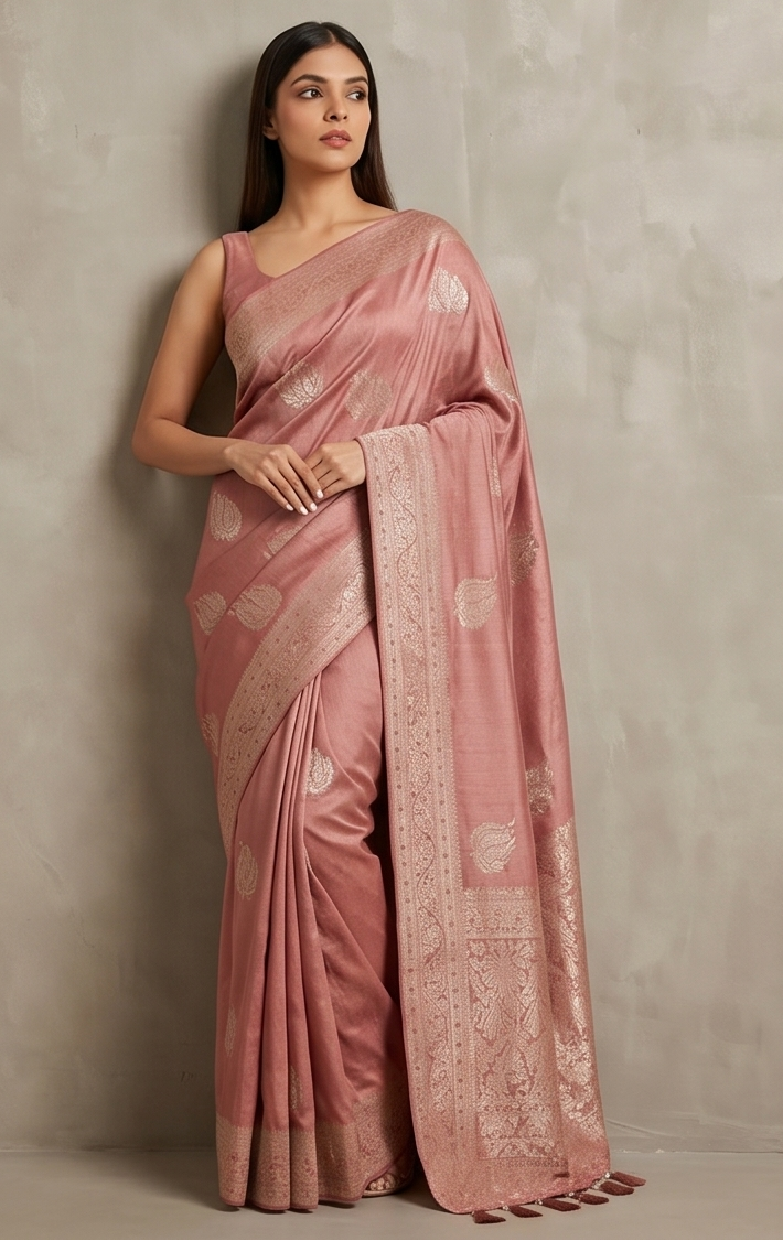 Elegant Rust Butter Crepe Saree with All-Over Handwork Detailing