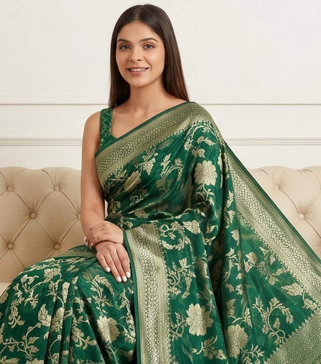 Dark Green Georgette Saree with Floral Jaal Work
