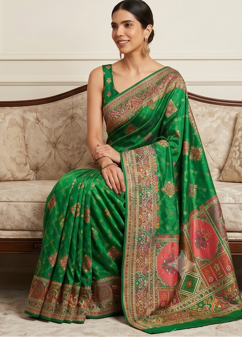 Green Pashmina Resham Saree
