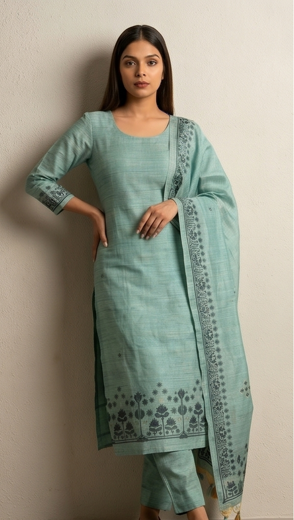 Dark Aqua Tussar Silk Suit