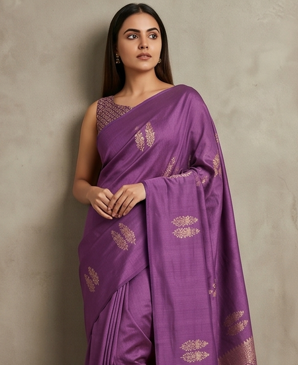 Elegant Chiniya Silk Saree with Meenakari Booti Weave & Borderless Design