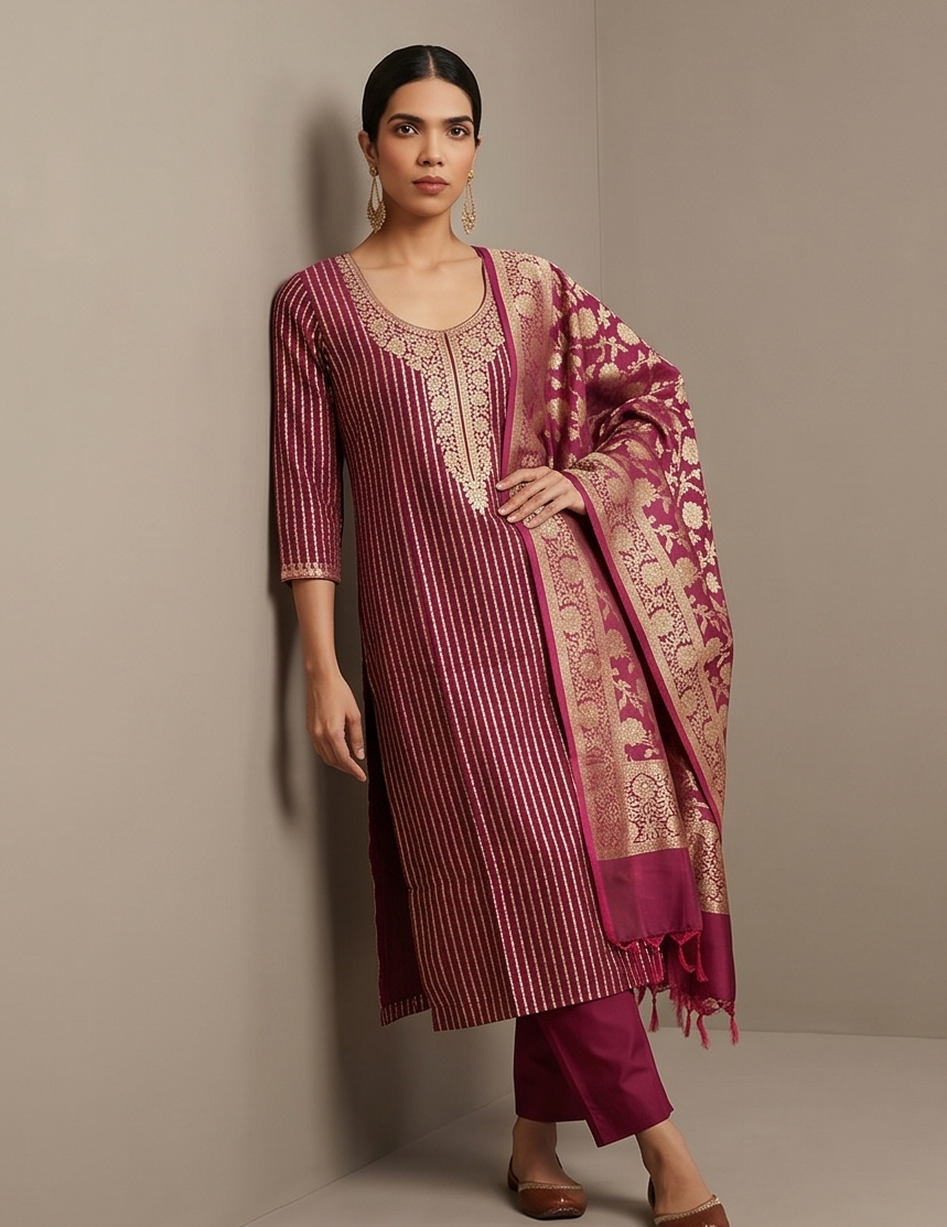 Wine Katan Suit with Golden Zari