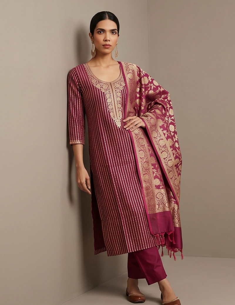 Wine Katan Suit with Golden Zari