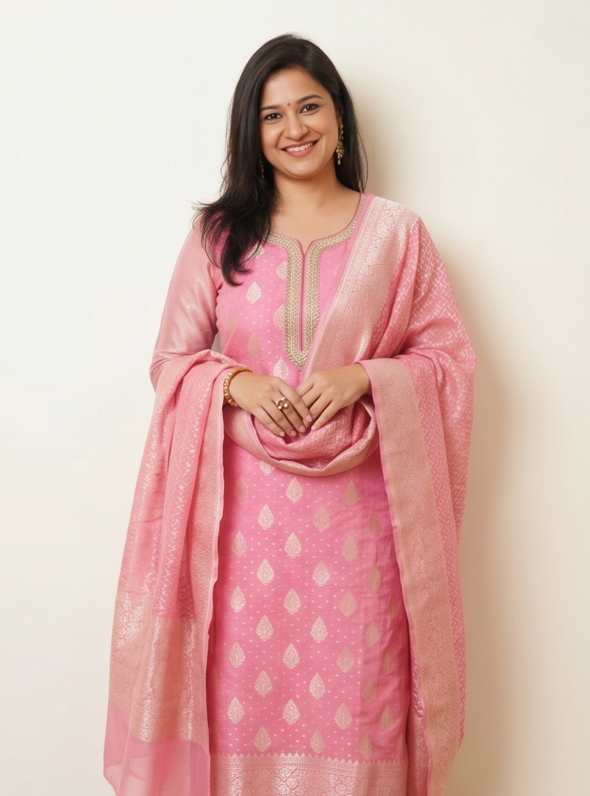 Light Pink Banarasi premium Linen Suit