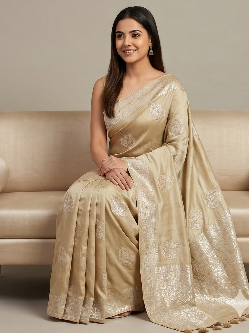 Elegant Cream Butter Crepe Saree with All-Over Handwork Detailing