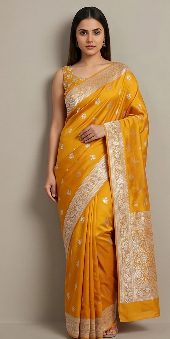 Royal Mustard Silk Saree with Silver Meenakari Booti & Rich Pallu