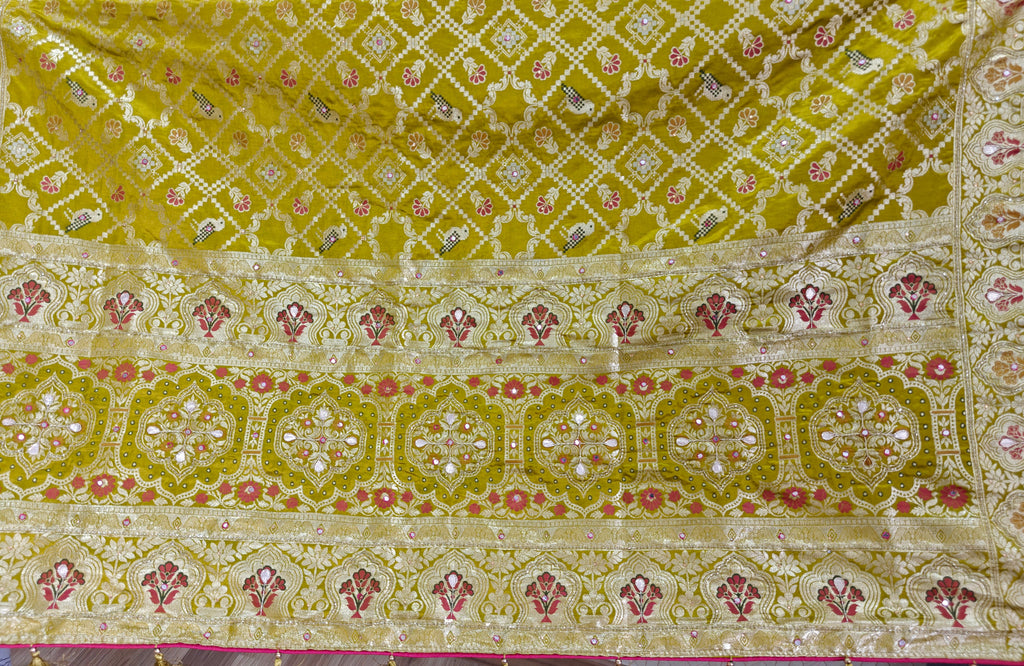 Royal Parrot Green Silk Bandhani Saree with Meenakari Birds, Gota Patti & Swarovski Embellishments