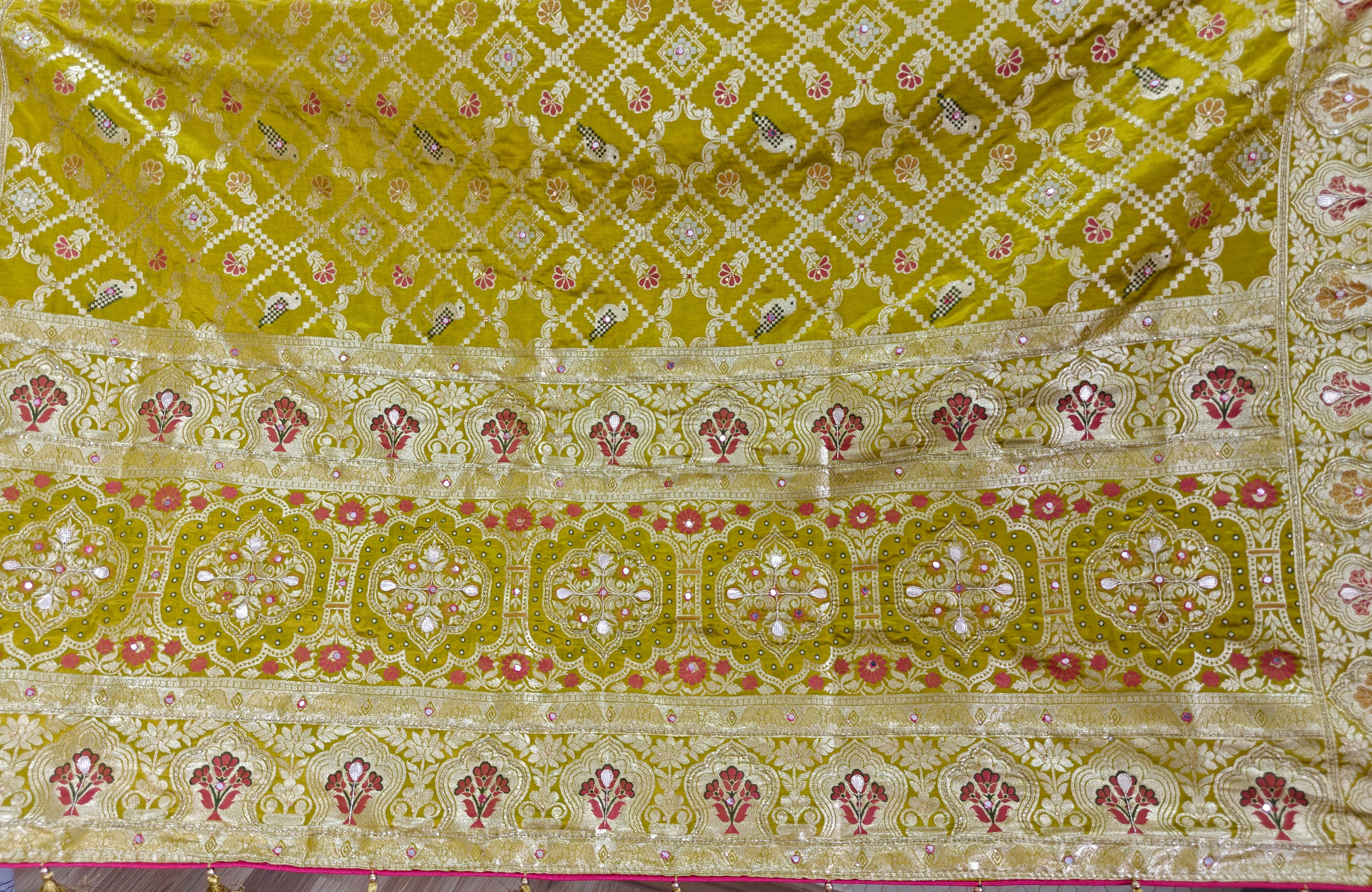 Royal Parrot Green Silk Bandhani Saree with Meenakari Birds, Gota Patti & Swarovski Embellishments