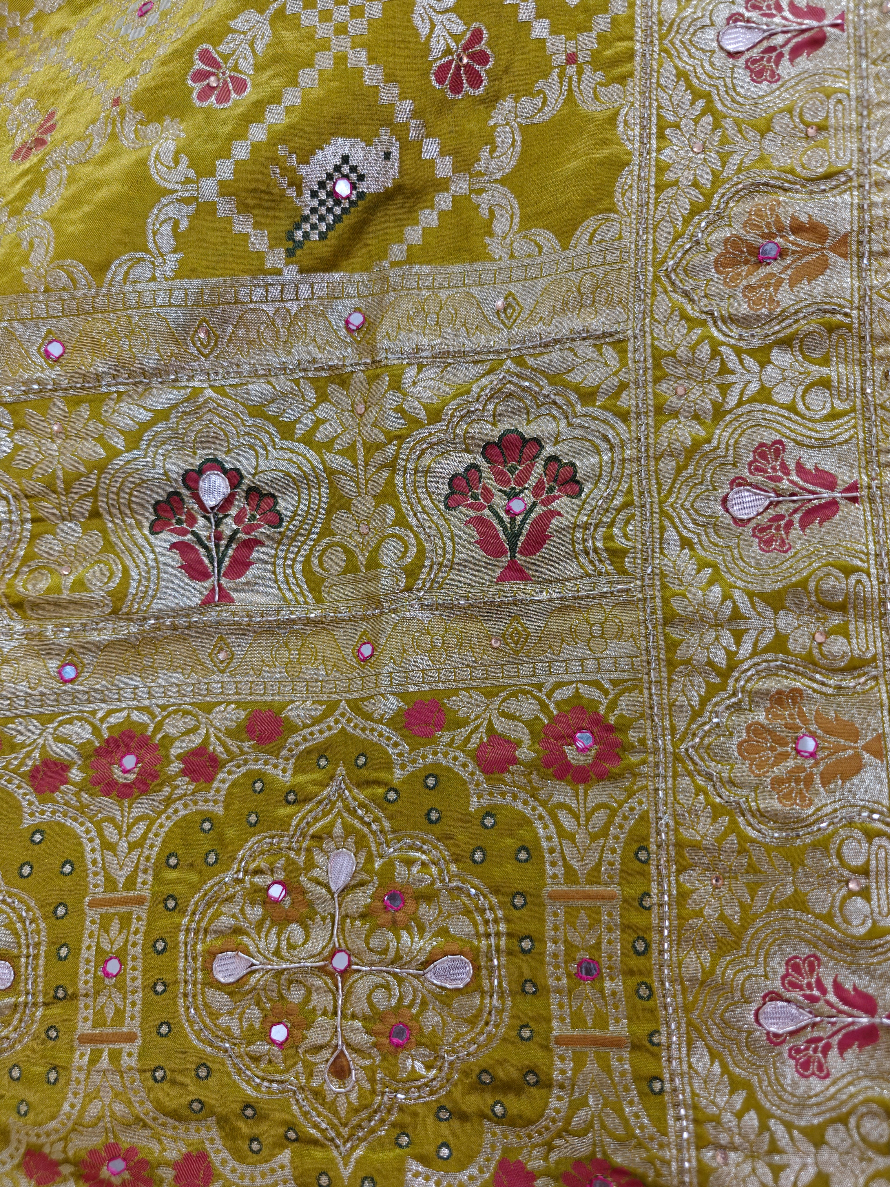 Royal Parrot Green Silk Bandhani Saree with Meenakari Birds, Gota Patti & Swarovski Embellishments